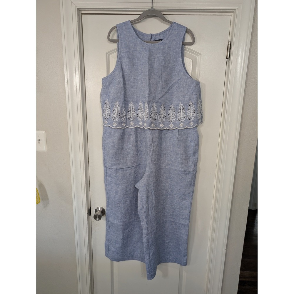 Lands End 16W Blue Linen Blend Eyelet Tiered Cropped Jumpsuit‎ Women's coastal